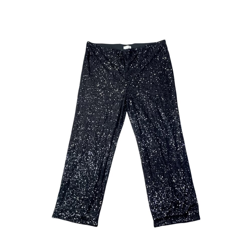 H&M Black Sequin Stretch Wide Leg Elastic Waist Pants Women's XXL